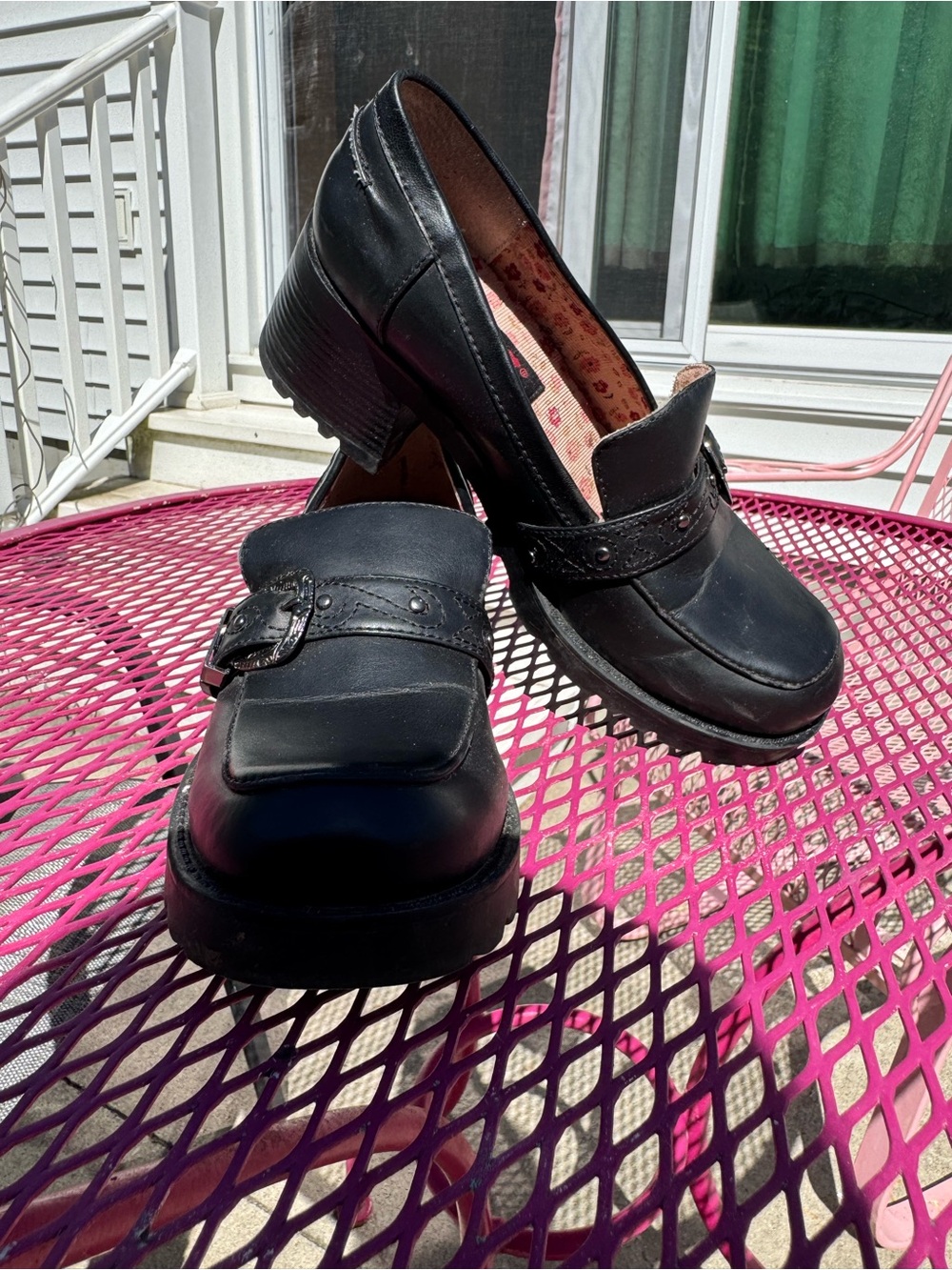 Mudd Black Buckle Block Heel Loafers